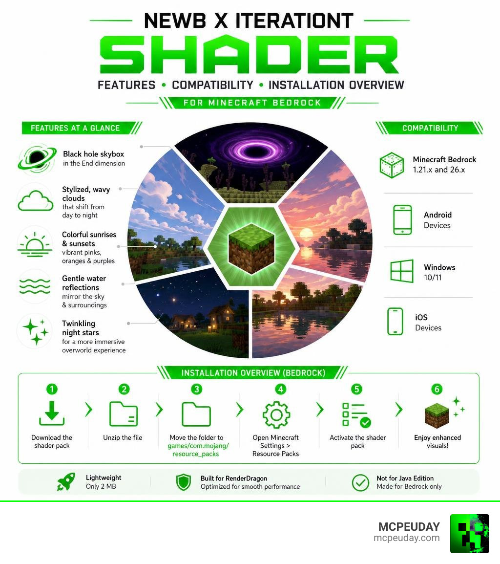 Infographic showing Newb X Iterationt Shader features compatibility and installation overview for Bedrock infographic