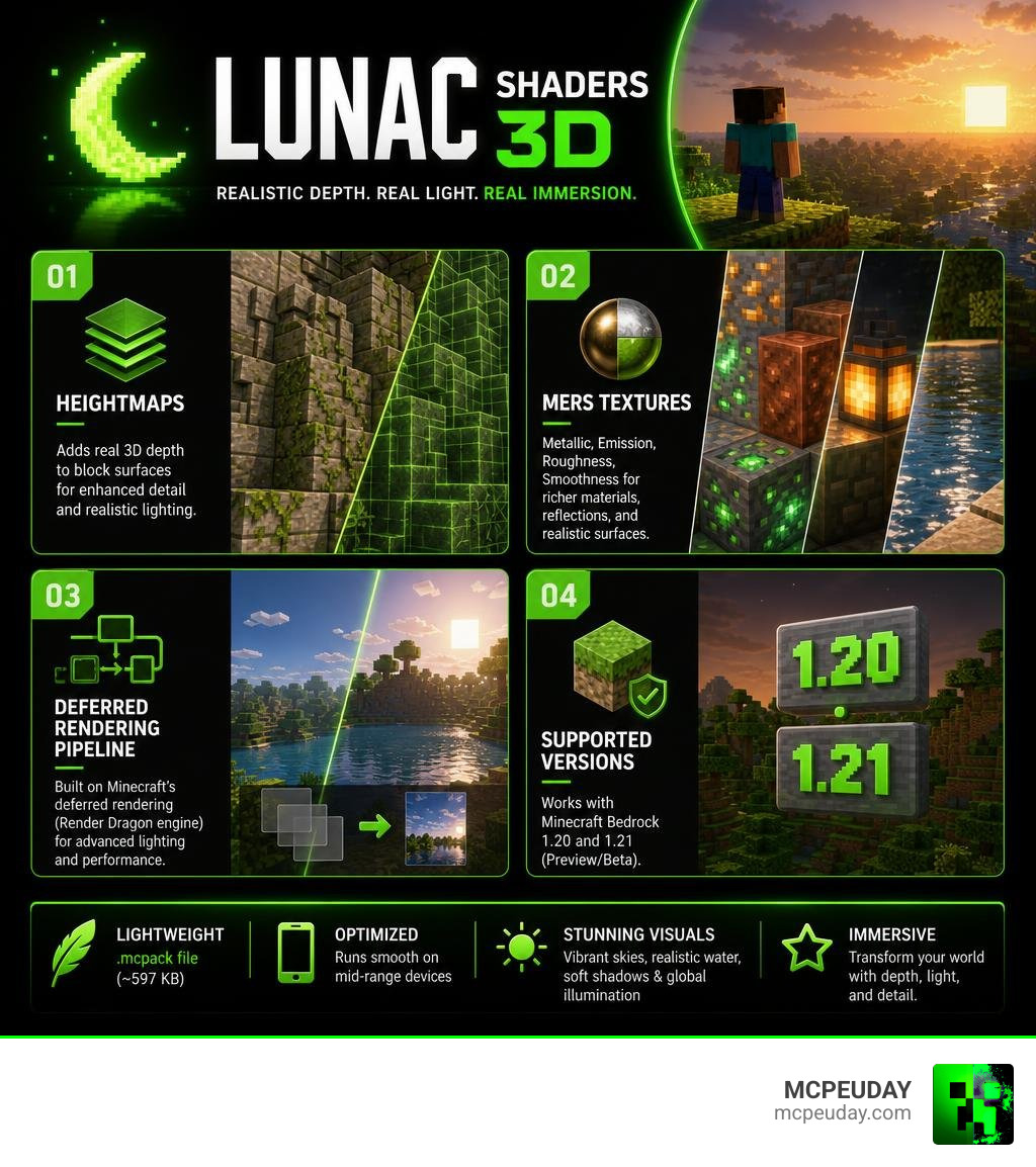 Infographic showing Lunac Shaders 3D features: Heightmaps, MERS textures, deferred rendering pipeline, supported versions