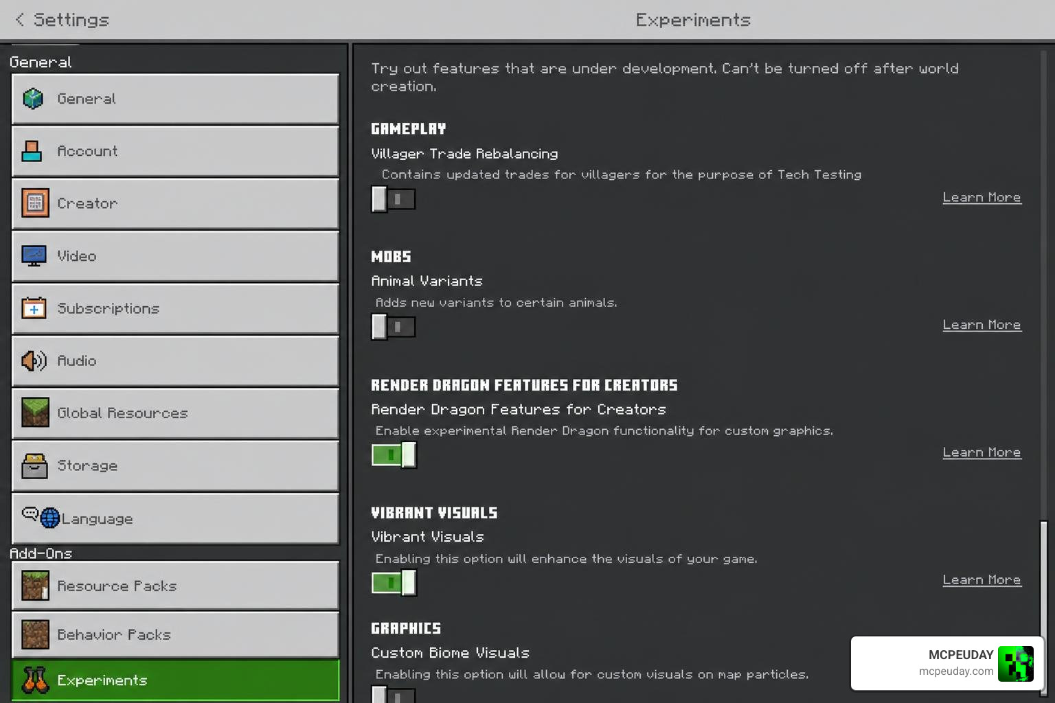 Minecraft Experiments settings menu showing Render Dragon features and Vibrant Visuals