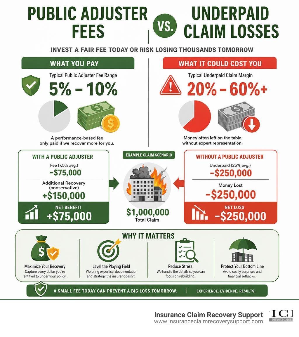 Modern high-quality infographic comparing public adjuster fees vs. typical underpaid claim recovery margins infographic Modern high-quality infographic comparing public adjuster fees vs. typical underpaid claim recovery margins infographic
