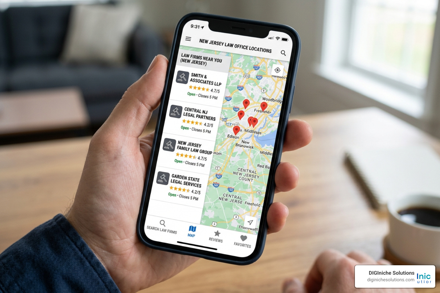 smartphone screen displaying local map with NJ law firm listings smartphone screen displaying local map with NJ law firm listings
