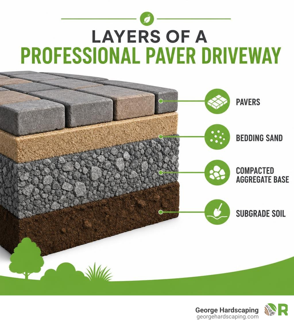 Infographic showing layers of a professional paver driveway installation with labels for pavers, bedding sand, compacted