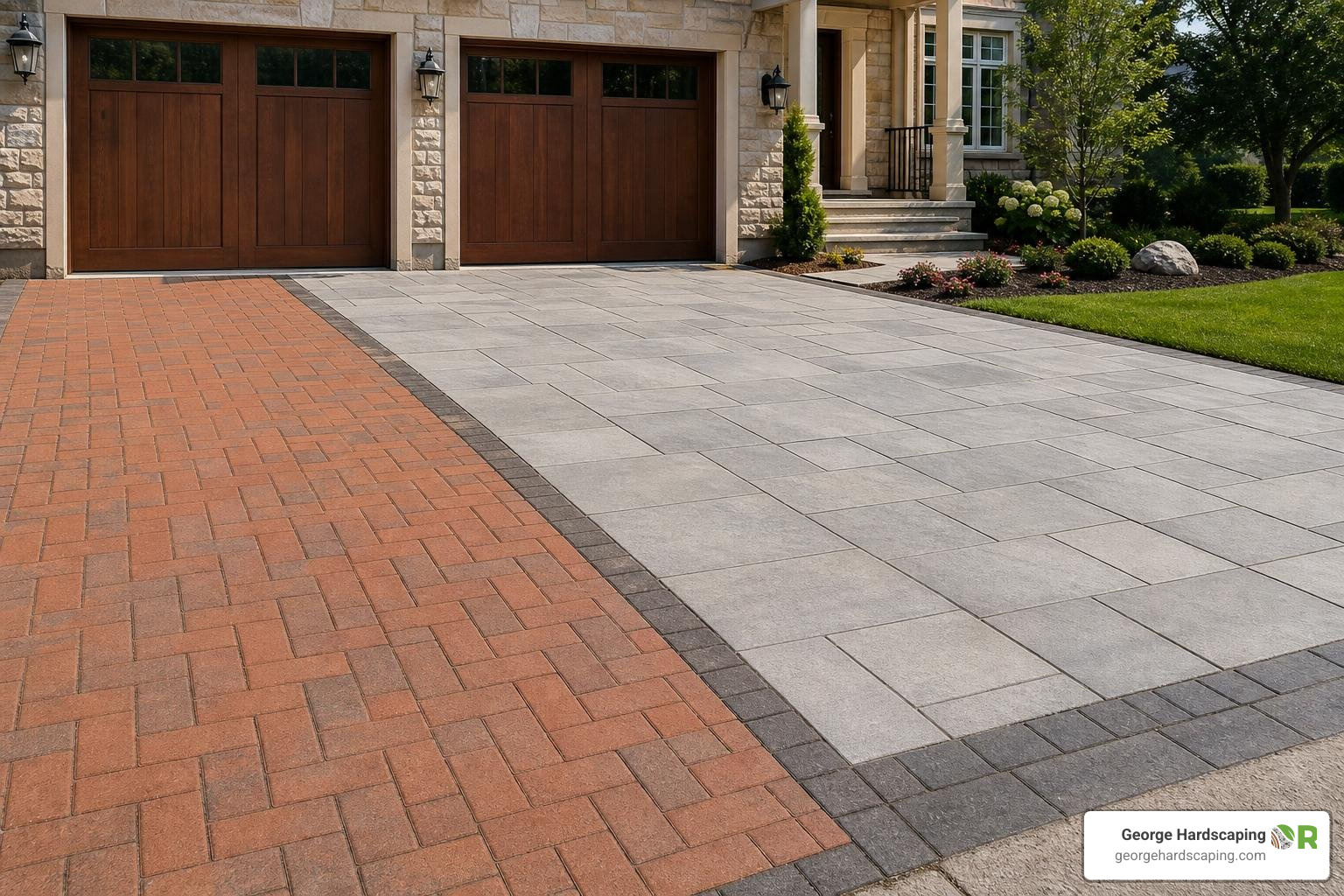 Comparison of clay brick pavers and concrete paving stones on a residential driveway