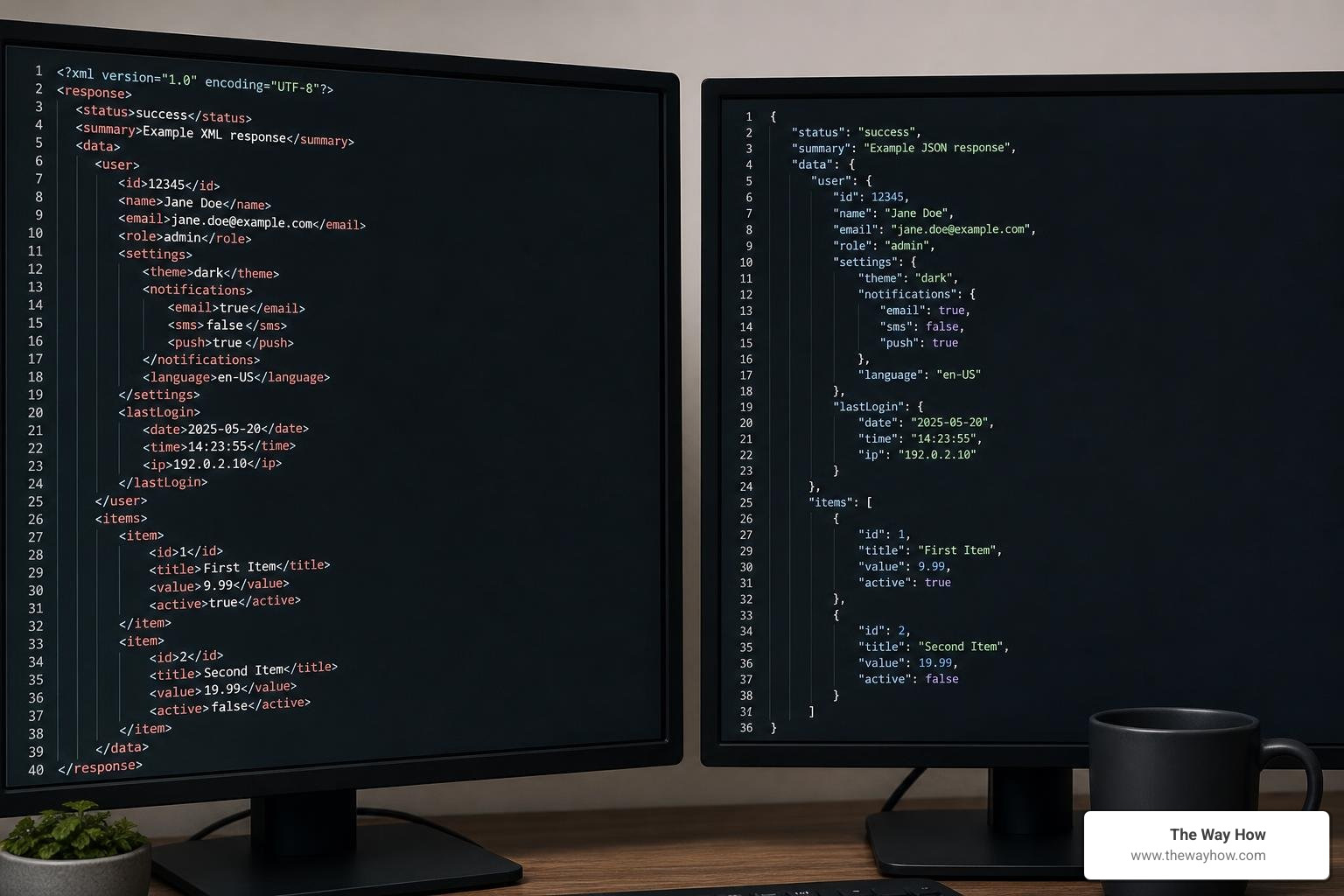 API payload comparison showing SOAP XML versus REST JSON API payload comparison showing SOAP XML versus REST JSON