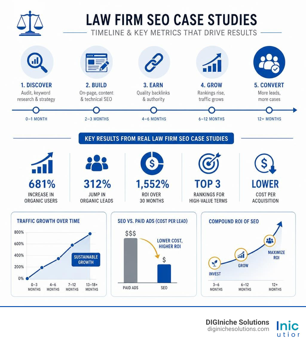 Infographic showing timeline and key metrics from law firm SEO case studies including traffic growth and ROI infographic Infographic showing timeline and key metrics from law firm SEO case studies including traffic growth and ROI infographic
