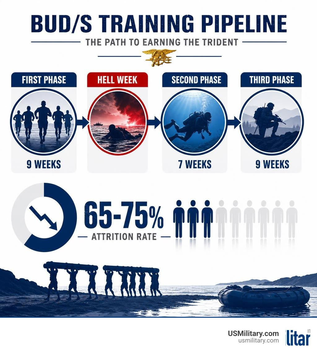 Infographic showing the BUD/S training pipeline: First Phase 9 weeks, Hell Week, Second Phase Diving 7 weeks, Third Phase