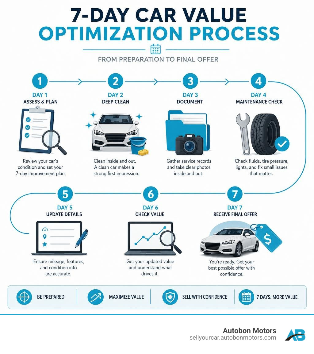 7-day car value optimization process showing steps from preparation to final offer infographic
