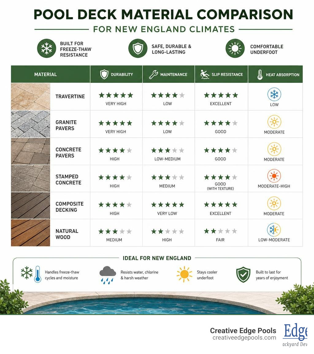 Infographic showing pool deck material comparison for New England climates including durability, maintenance, and heat