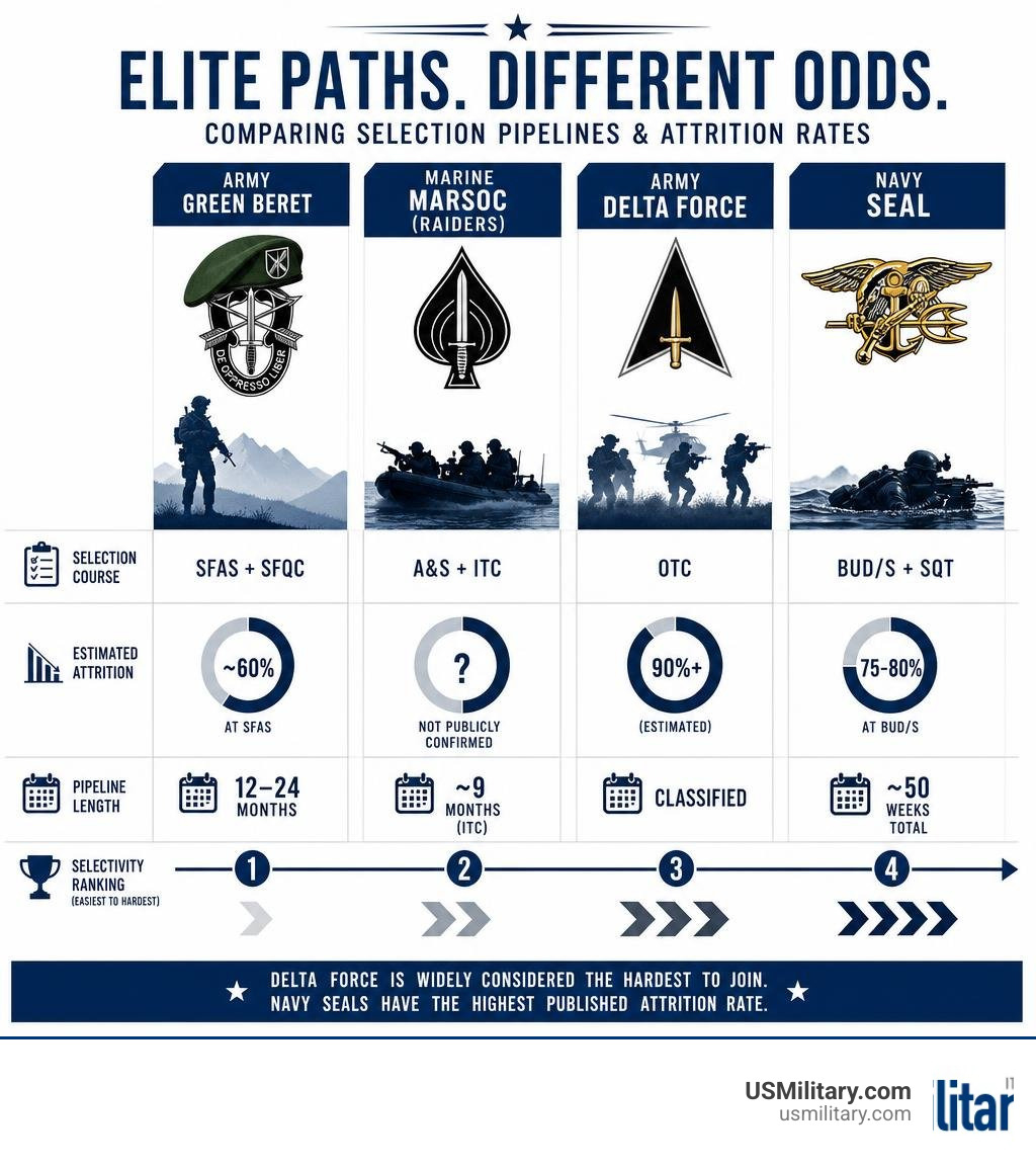 Comparison infographic of MARSOC Green Beret Delta Force Navy SEAL selection pipelines attrition rates infographic Comparison infographic of MARSOC Green Beret Delta Force Navy SEAL selection pipelines attrition rates infographic