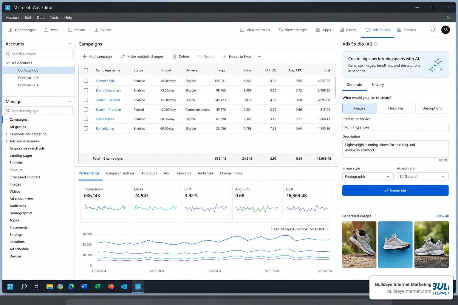 Ads Studio interface inside Microsoft Ads Editor showing AI asset generation Ads Studio interface inside Microsoft Ads Editor showing AI asset generation