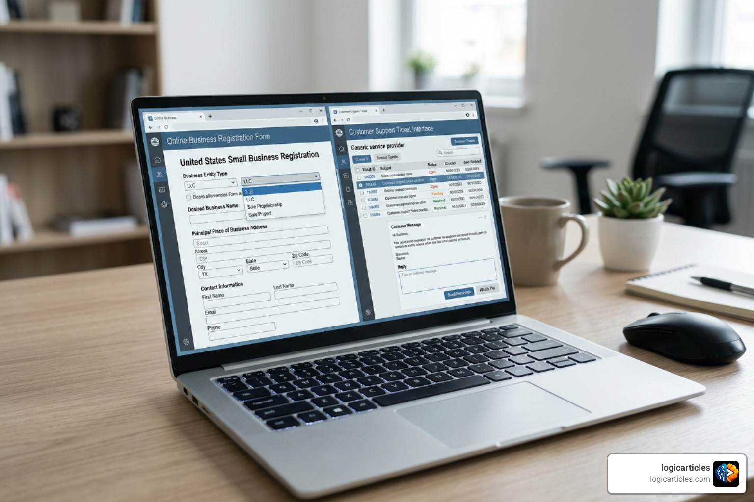 Online business registration form and customer support ticket interface