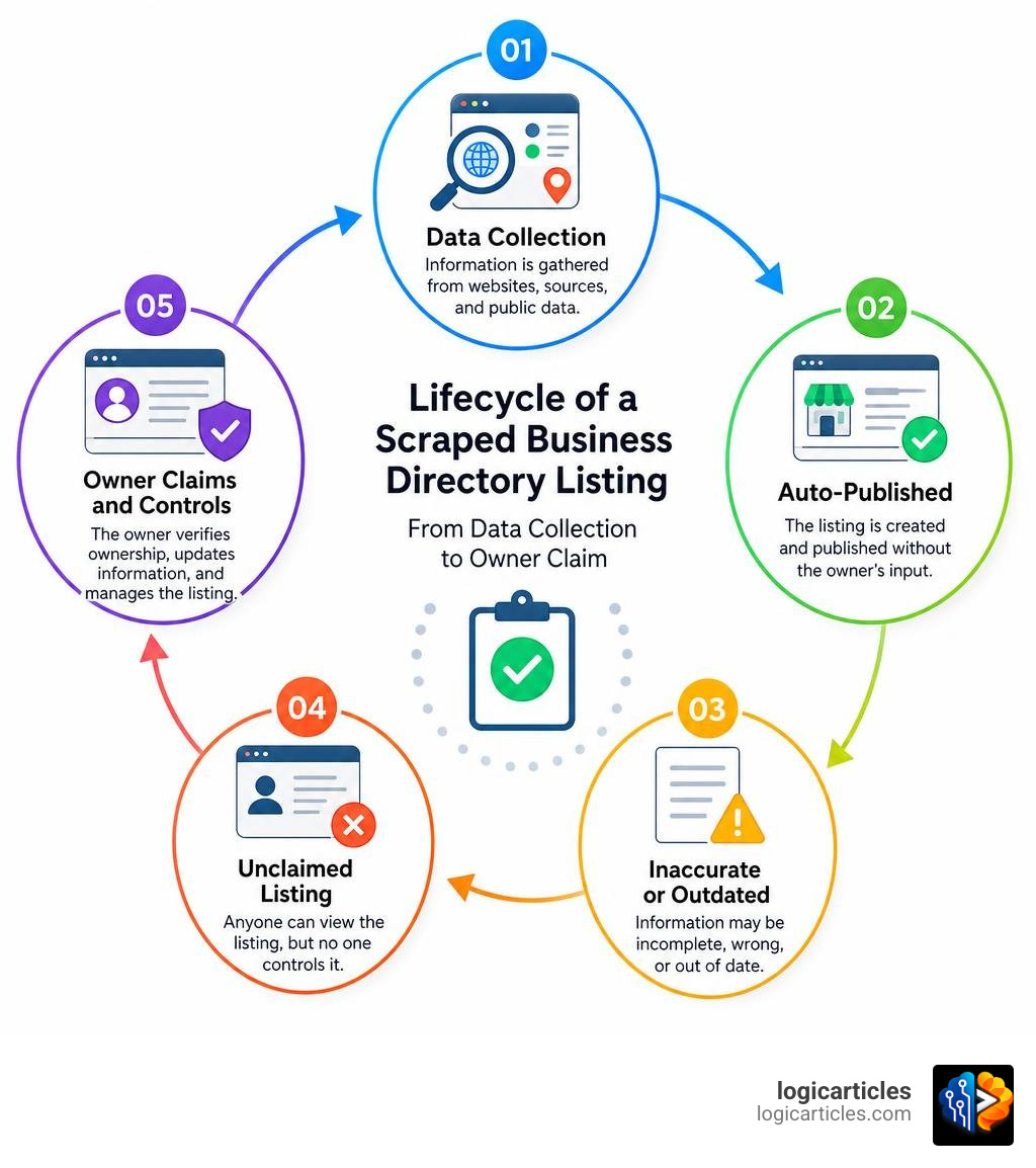Lifecycle of a scraped business directory listing from data collection to owner claim infographic