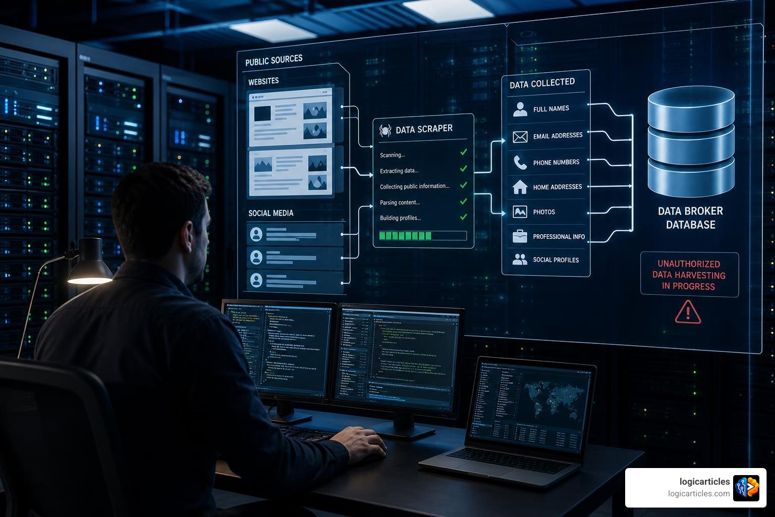 Data broker scraping process showing how unauthorized directories harvest public business information Data broker scraping process showing how unauthorized directories harvest public business information