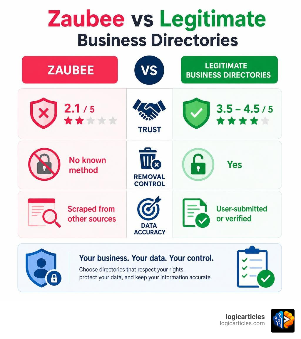 Infographic comparing Zaubee vs legitimate business directories on trust, removal, and data accuracy infographic Infographic comparing Zaubee vs legitimate business directories on trust, removal, and data accuracy infographic