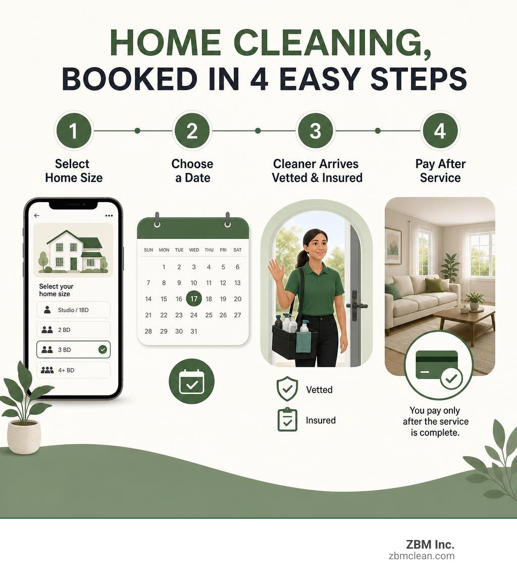 Amazon Home Services booking process: select home size, choose date, cleaner arrives vetted and insured, pay after service Amazon Home Services booking process: select home size, choose date, cleaner arrives vetted and insured, pay after service