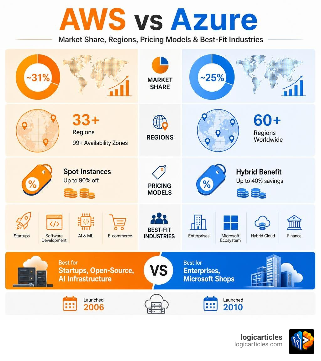 AWS vs Azure market share, regions, pricing models, and best-fit industries compared side by side infographic AWS vs Azure market share, regions, pricing models, and best-fit industries compared side by side infographic