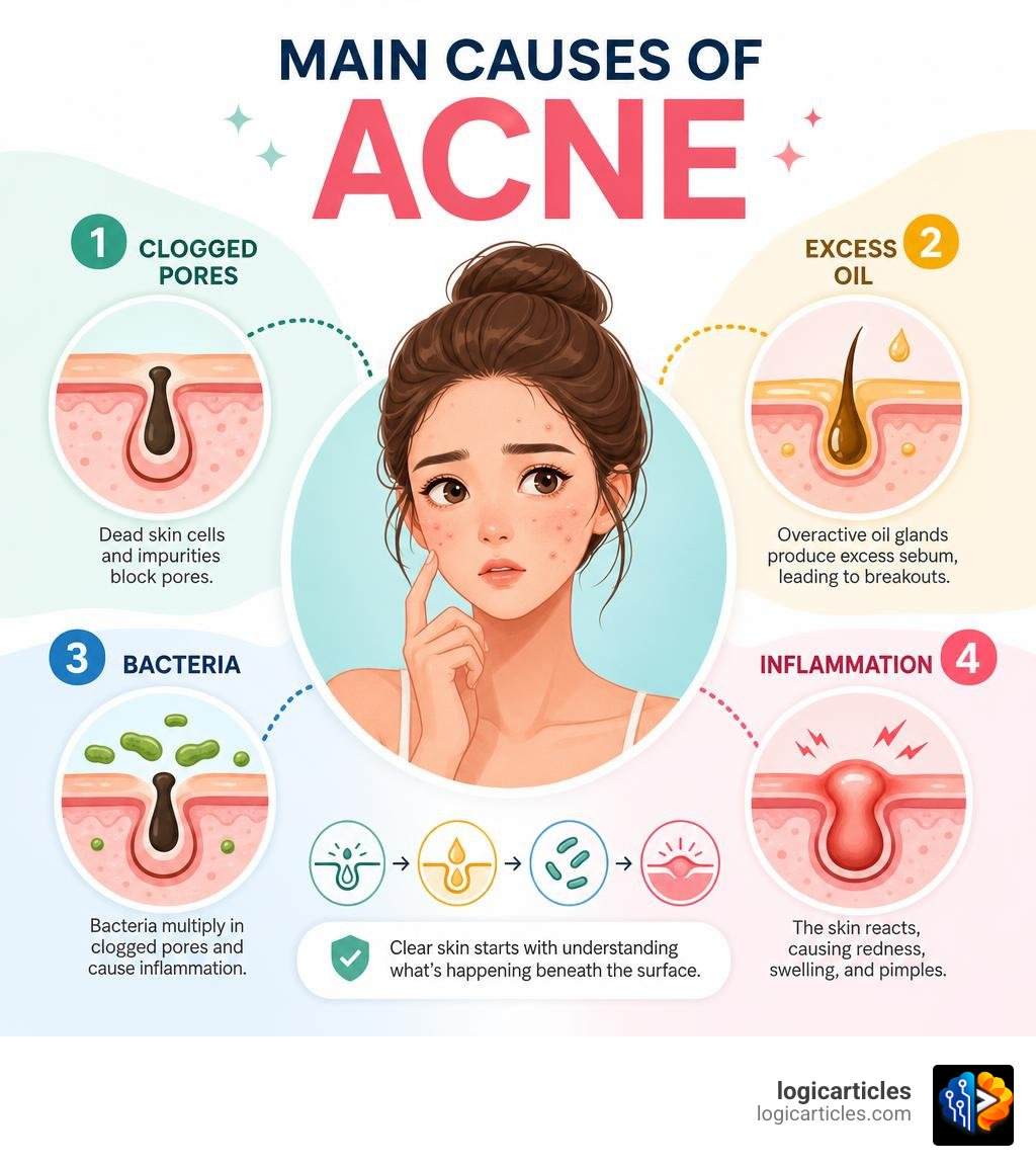Infographic showing main causes of acne including clogged pores excess oil bacteria and inflammation infographic Infographic showing main causes of acne including clogged pores excess oil bacteria and inflammation infographic