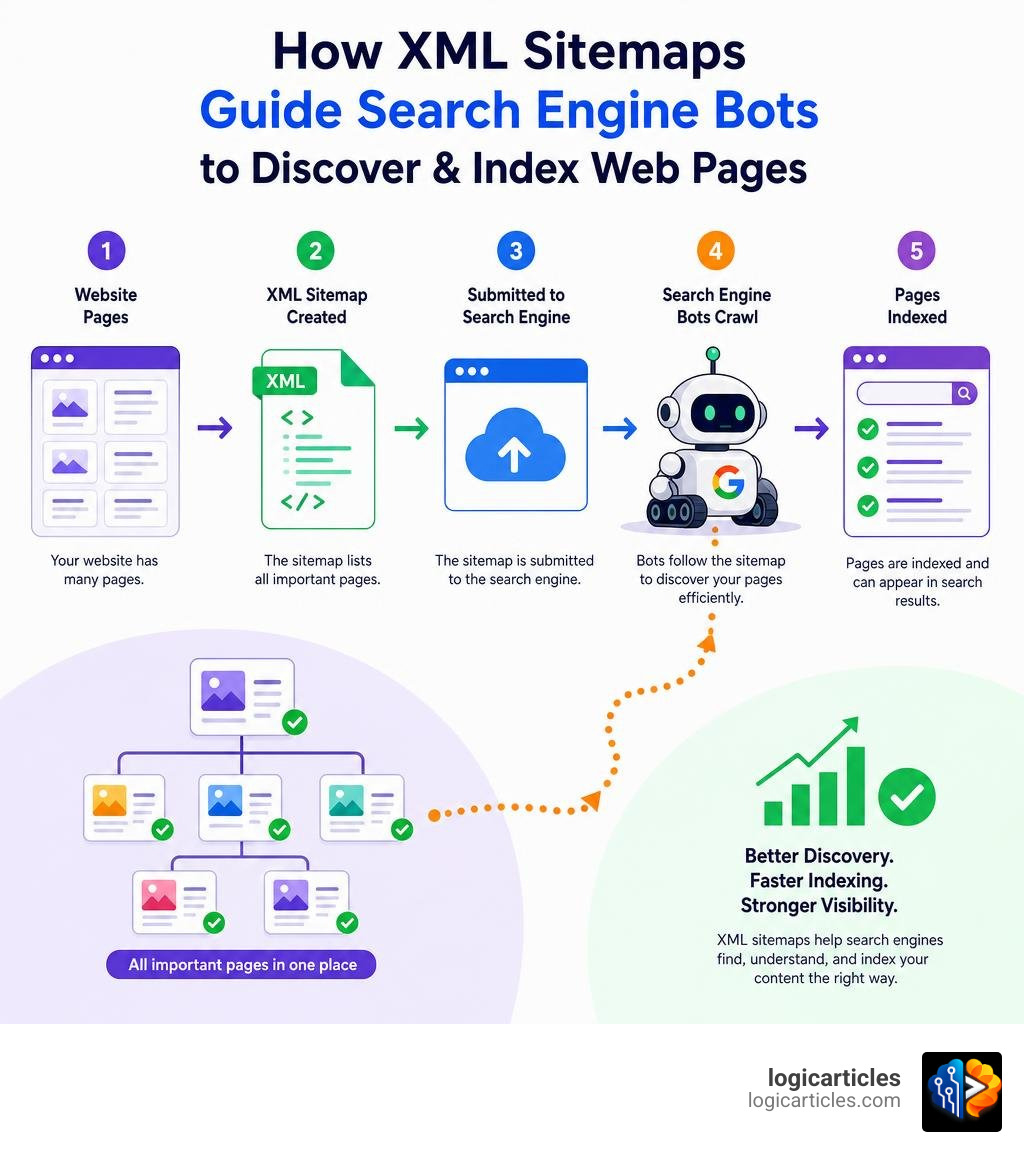 Infographic showing how XML sitemaps guide search engine bots to discover and index web pages infographic Infographic showing how XML sitemaps guide search engine bots to discover and index web pages infographic