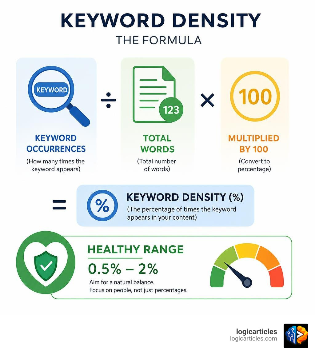 Infographic showing keyword density formula: keyword occurrences divided by total words multiplied by 100, with healthy