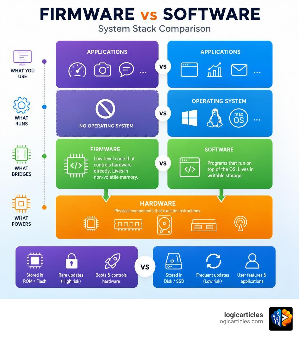Firmware vs software system stack comparison infographic showing layers from hardware to firmware to OS to applications Firmware vs software system stack comparison infographic showing layers from hardware to firmware to OS to applications