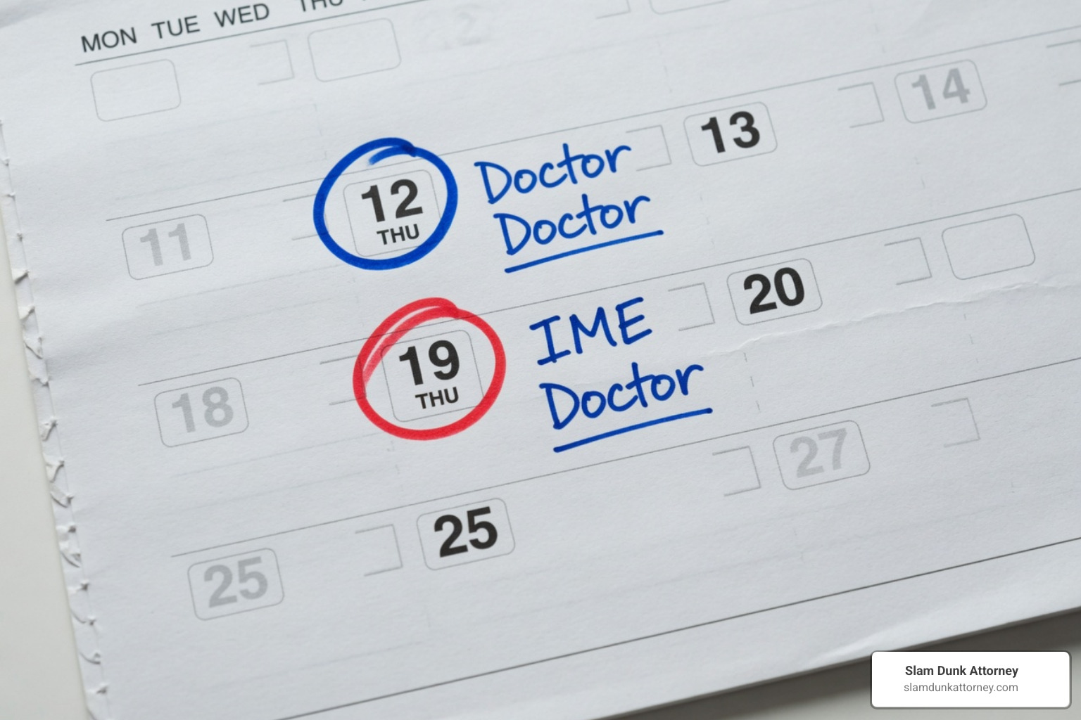 Image of a calendar with one date circled for "Your Doctor" and another for "IME Doctor" - what does ime mean Image of a calendar with one date circled for "Your Doctor" and another for "IME Doctor" - what does ime mean