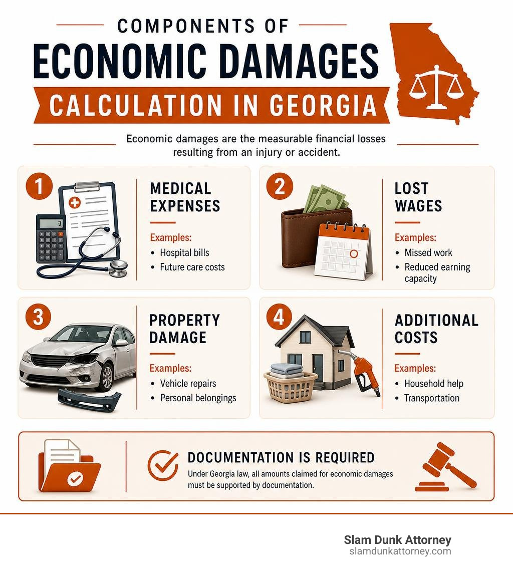 Infographic showing the components of economic damages calculation in Georgia: medical expenses (hospital bills, future care costs), lost wages (missed work, reduced earning capacity), property damage (vehicle repairs, personal belongings), and additional costs (household help, transportation). Each category includes examples and notes that all amounts must be supported by documentation under Georgia law. - economic damages calculation infographic Infographic showing the components of economic damages calculation in Georgia: medical expenses (hospital bills, future care costs), lost wages (missed work, reduced earning capacity), property damage (vehicle repairs, personal belongings), and additional costs (household help, transportation). Each category includes examples and notes that all amounts must be supported by documentation under Georgia law. - economic damages calculation infographic
