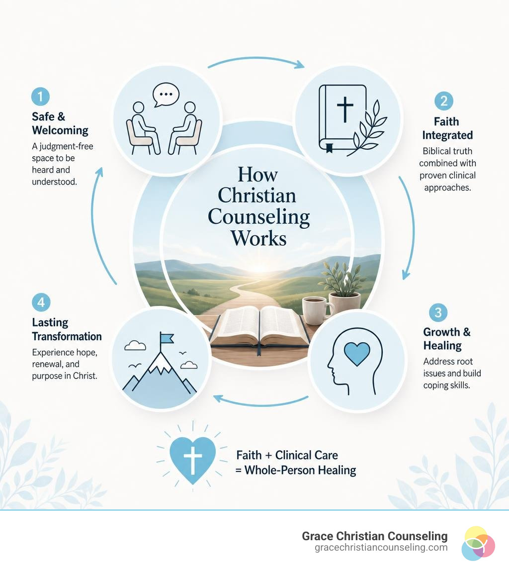 How Christian counseling works: faith plus clinical care equals whole-person healing infographic