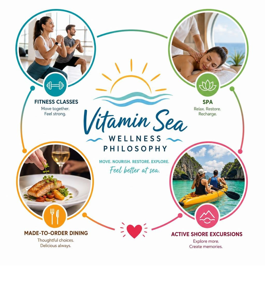 Vitamin Sea wellness philosophy infographic: fitness classes, spa, made-to-order dining, active shore excursions infographic