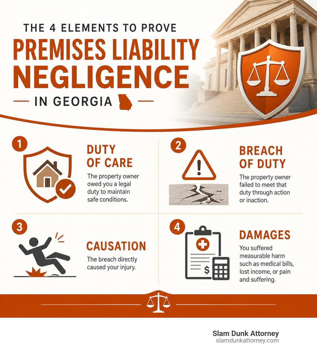 Infografía que muestra los cuatro elementos requeridos para probar negligencia por responsabilidad de propiedad en Georgia:1. Deber de Cuidado: el propietario le debía un deber legal de mantener condiciones seguras.2. Incumplimiento del Deber: el propietario no cumplió con ese deber mediante acción u omisión.3. Causalidad: el incumplimiento causó directamente su lesión.4. Daños: usted sufrió un daño medible, como facturas médicas, pérdida de ingresos o dolor y sufrimiento.Infografía de abogado de responsabilidad de propiedad de Norcross Infographic showing the four elements required to prove premises liability negligence in Georgia: 1. Duty of Care - the property owner owed you a legal duty to maintain safe conditions, 2. Breach of Duty - the property owner failed to meet that duty through action or inaction, 3. Causation - the breach directly caused your injury, 4. Damages - you suffered measurable harm such as medical bills, lost income, or pain and suffering - Norcross premises liability lawyer infographic