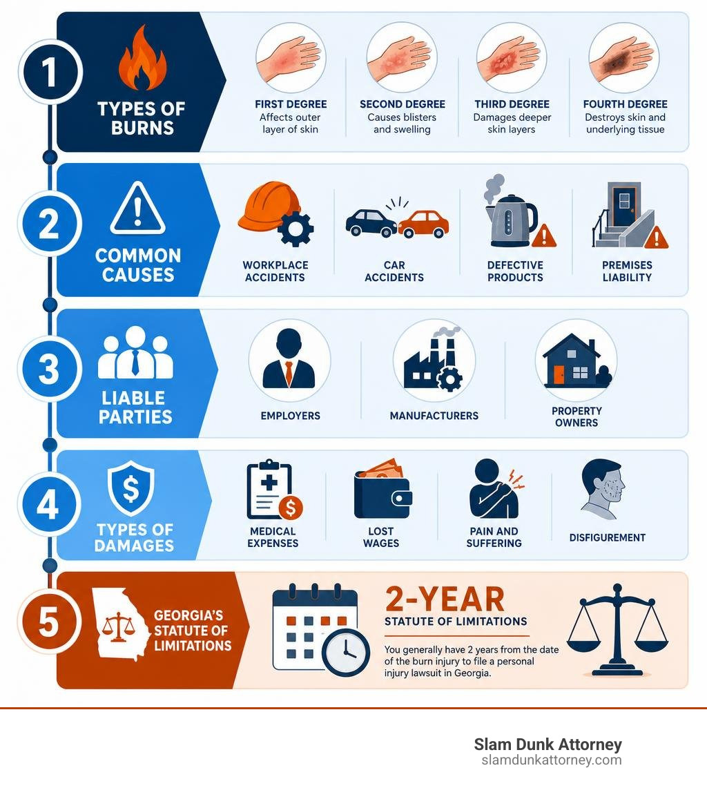 Infographic showing the comprehensive aspects of burn injury legal representation including types of burns (first through fourth degree), common causes (workplace accidents, car accidents, defective products, premises liability), liable parties (employers, manufacturers, property owners), types of damages (medical expenses, lost wages, pain and suffering, disfigurement), and Georgia's 2-year statute of limitations - burn injury legal representation infographic infographic-line-5-steps-blues-accent_colors Infographic showing the comprehensive aspects of burn injury legal representation including types of burns (first through fourth degree), common causes (workplace accidents, car accidents, defective products, premises liability), liable parties (employers, manufacturers, property owners), types of damages (medical expenses, lost wages, pain and suffering, disfigurement), and Georgia's 2-year statute of limitations - burn injury legal representation infographic infographic-line-5-steps-blues-accent_colors