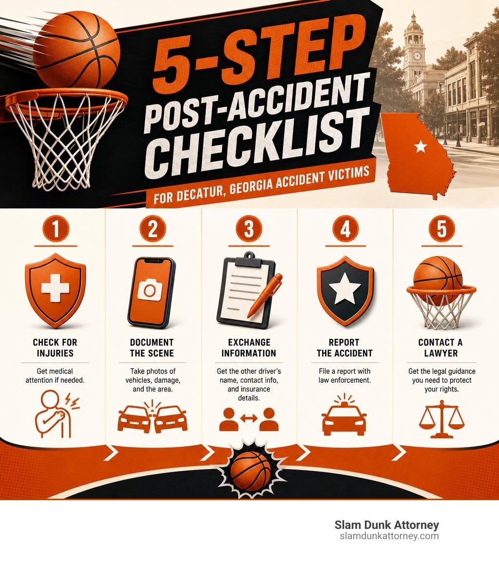 Infographic: 5-step post-accident checklist for Decatur Georgia accident victims with Slam Dunk basketball branding - Decatur accident