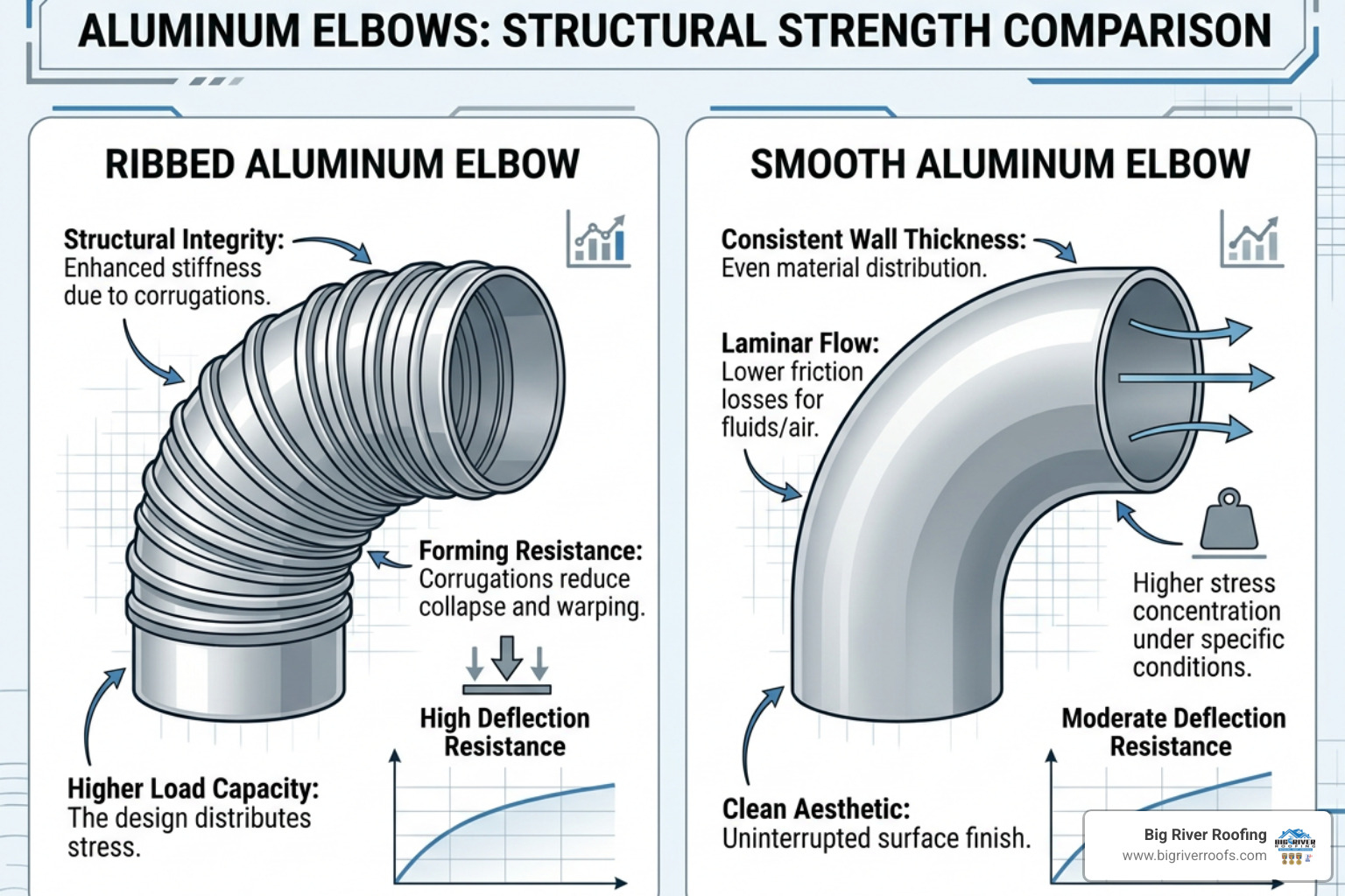 Ribbed vs smooth aluminum elbows showing structural strength comparison Ribbed vs smooth aluminum elbows showing structural strength comparison