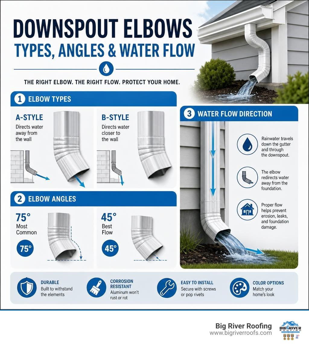 Infographic showing downspout elbow types, angles, and water flow direction for residential drainage infographic Infographic showing downspout elbow types, angles, and water flow direction for residential drainage infographic