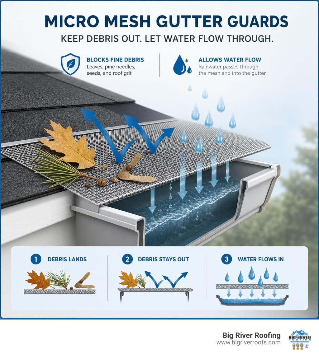 Infographic showing how micro mesh gutter guards filter debris while allowing water flow infographic