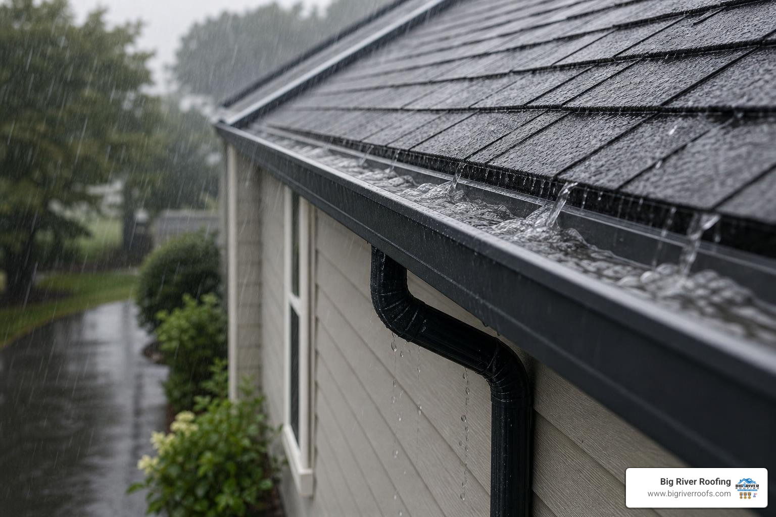 heavy rain flowing into protected gutters