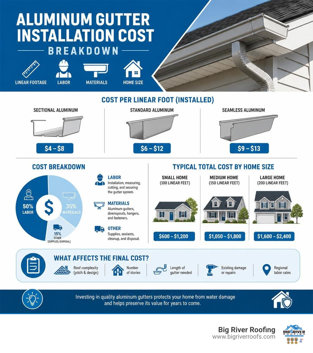 infographic showing aluminum gutter installation cost breakdown by linear footage, labor, materials, and home size infographic showing aluminum gutter installation cost breakdown by linear footage, labor, materials, and home size