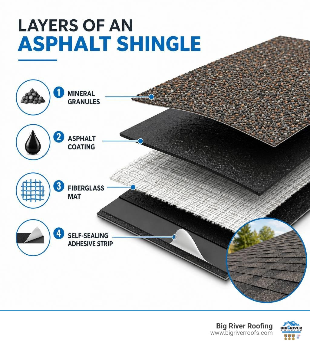 Infographic showing layers of an asphalt shingle: fiberglass mat, asphalt coating, mineral granules, and self-sealing Infographic showing layers of an asphalt shingle: fiberglass mat, asphalt coating, mineral granules, and self-sealing