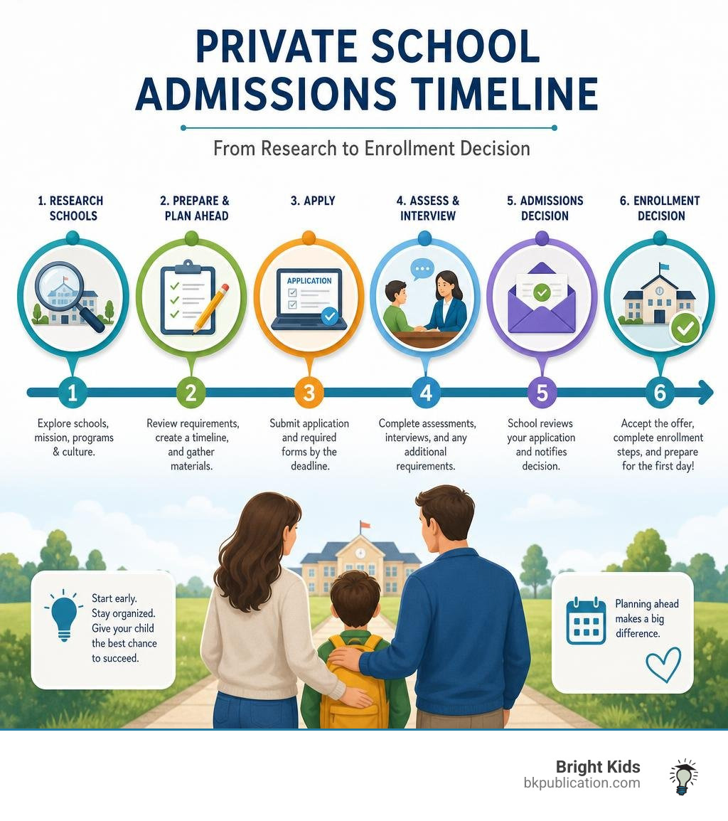 Private school admissions timeline from research to enrollment decision infographic Private school admissions timeline from research to enrollment decision infographic