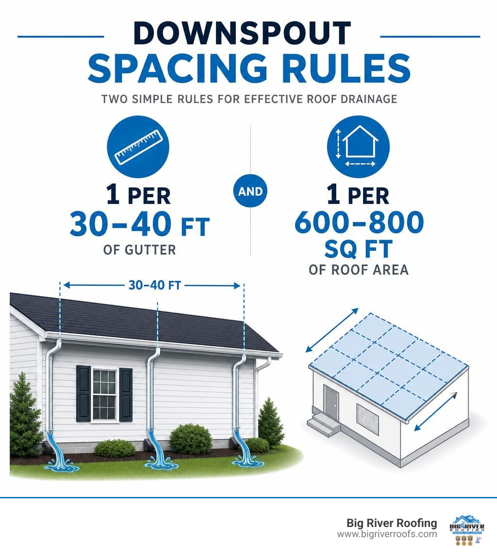 Infographic showing downspout spacing rules: 1 per 30-40 ft of gutter, 1 per 600-800 sq ft roof area infographic