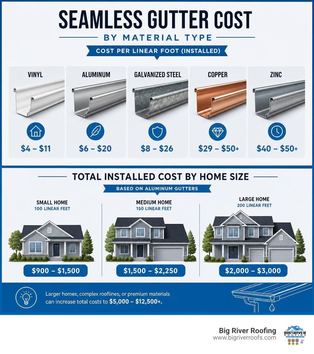 Infographic showing seamless gutter cost per foot by material type and total home cost ranges infographic