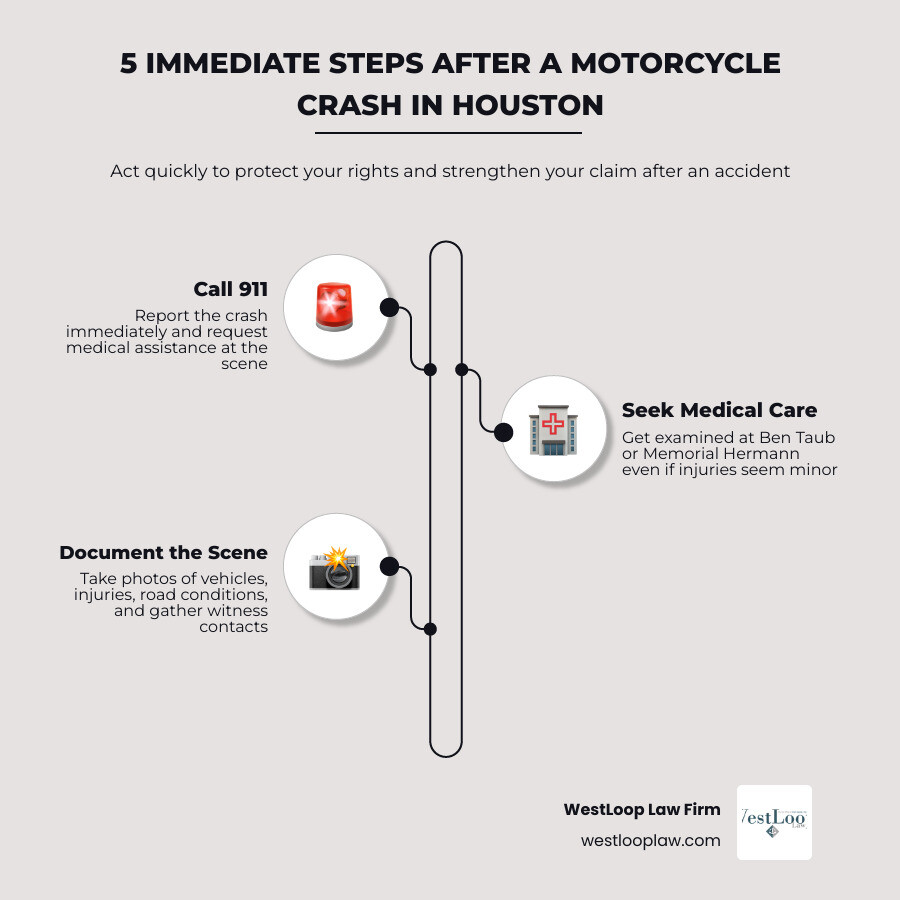 Infographic showing 5 immediate steps after a motorcycle crash in Houston: 1. Call 911, 2. Seek medical care at Ben Taub or Infographic showing 5 immediate steps after a motorcycle crash in Houston: 1. Call 911, 2. Seek medical care at Ben Taub or