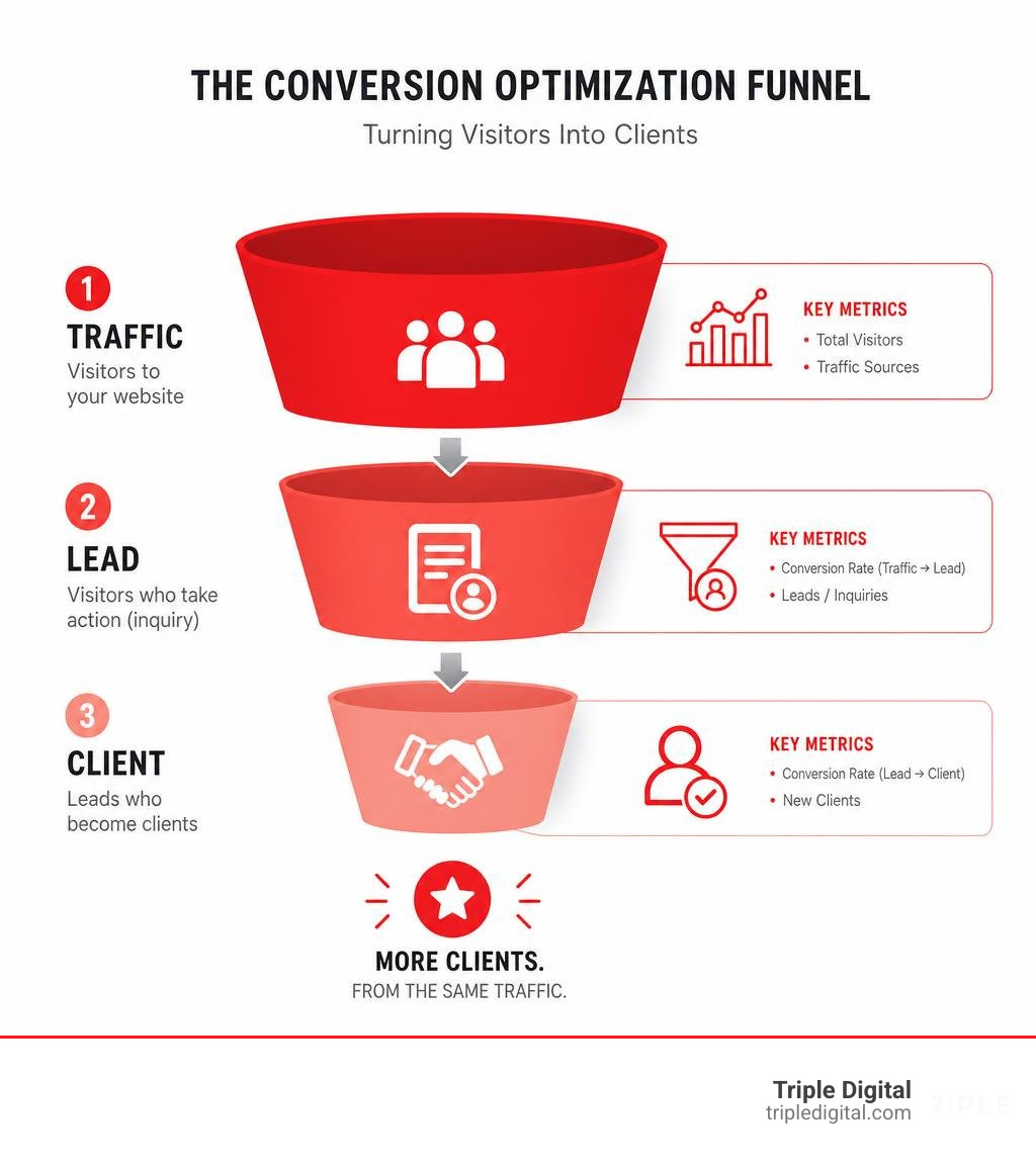 Conversion optimization funnel from traffic to lead to client with key metrics at each stage infographic Conversion optimization funnel from traffic to lead to client with key metrics at each stage infographic