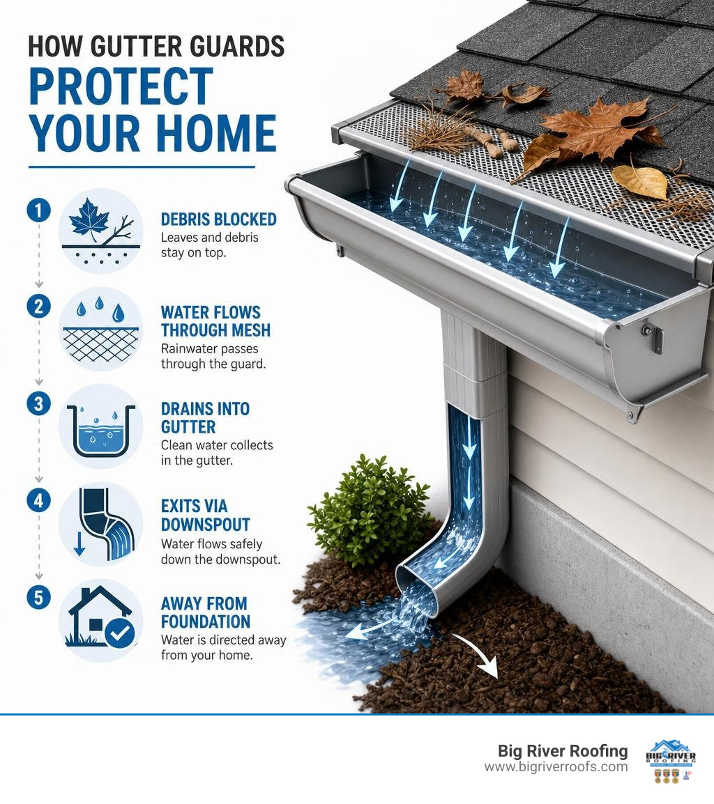 Infographic showing how gutter guards protect a home: debris blocked on top, water flows through mesh, drains into gutter Infographic showing how gutter guards protect a home: debris blocked on top, water flows through mesh, drains into gutter