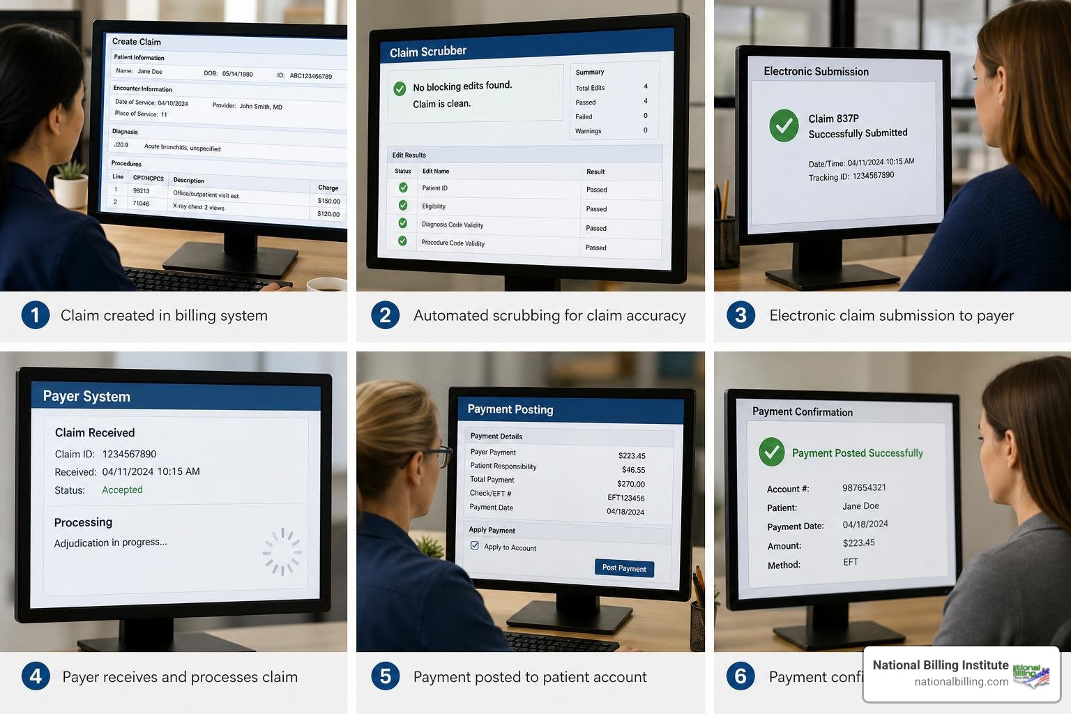 claims processing workflow showing the journey of a claim from creation to automated scrubbing, submission, and payment