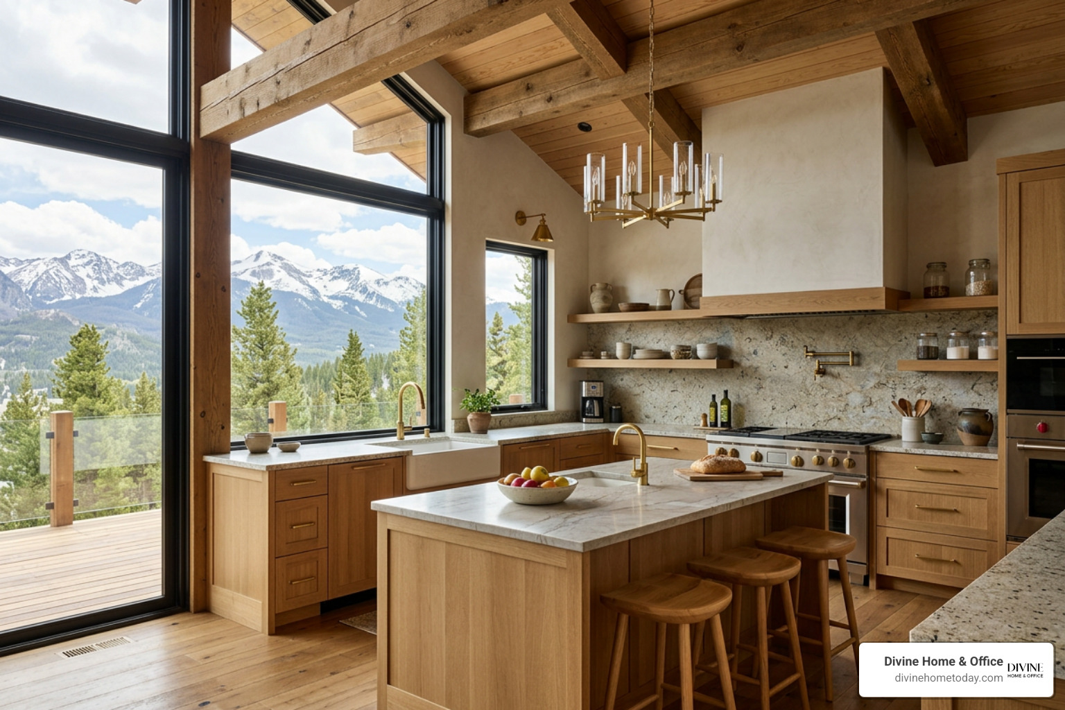 High-end modern mountain kitchen in a million-dollar Denver home, stone countertops, natural wood cabinetry, brass hardware High-end modern mountain kitchen in a million-dollar Denver home, stone countertops, natural wood cabinetry, brass hardware