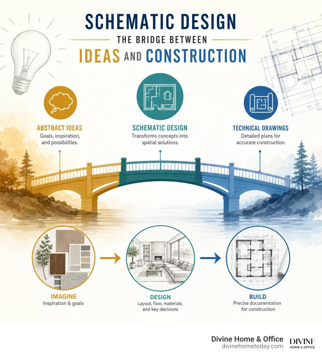 Infographic showing how schematic design acts as the bridge between abstract ideas and technical construction drawings Infographic showing how schematic design acts as the bridge between abstract ideas and technical construction drawings