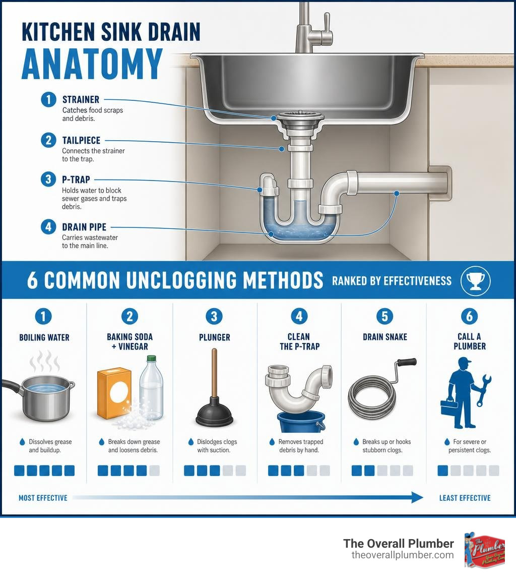 Infographic showing anatomy of a kitchen sink drain and common unclogging methods ranked by effectiveness infographic Infographic showing anatomy of a kitchen sink drain and common unclogging methods ranked by effectiveness infographic