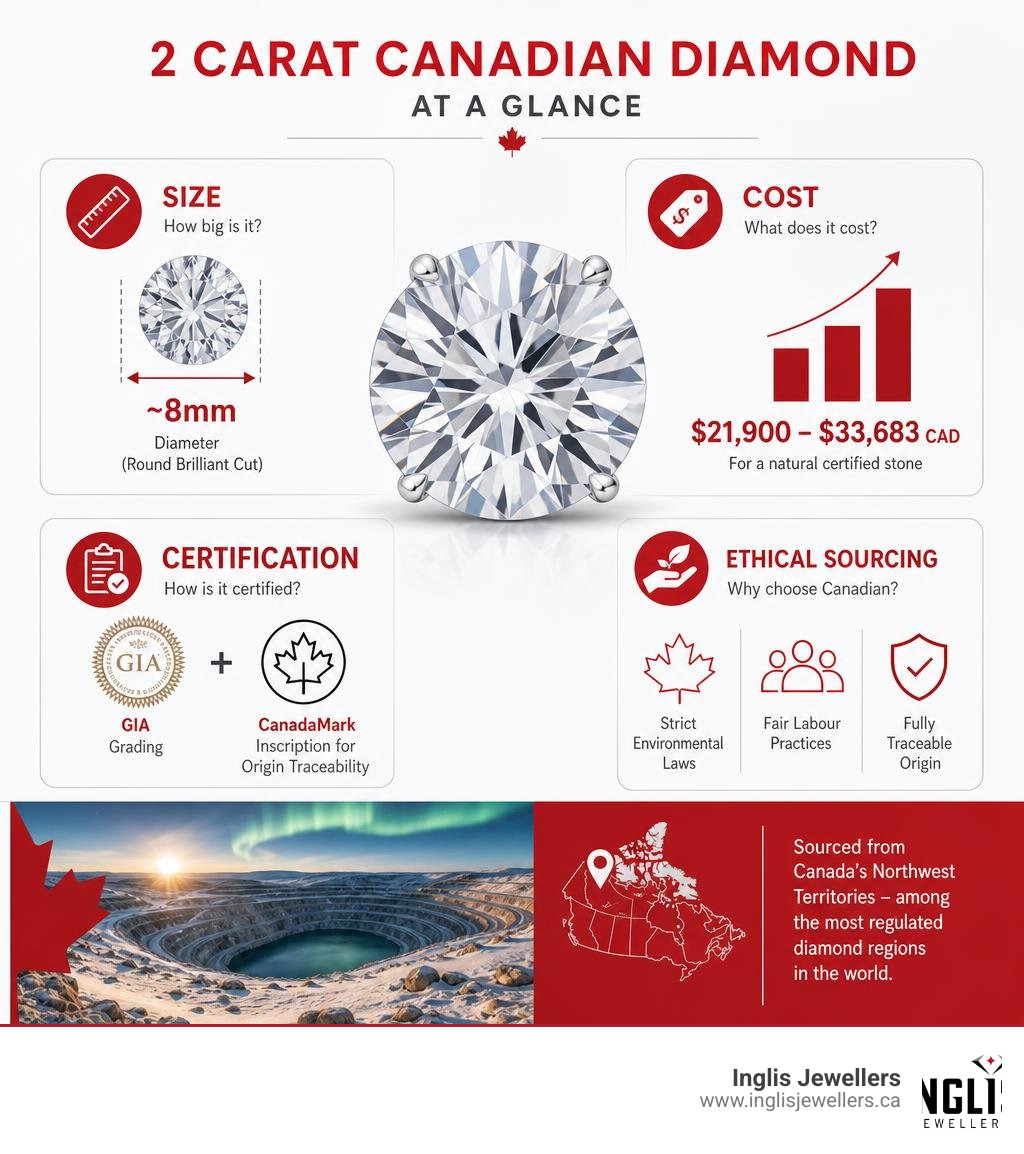 Infographic comparing 2 carat Canadian diamond size, cost, certification, and ethical sourcing at a glance infographic