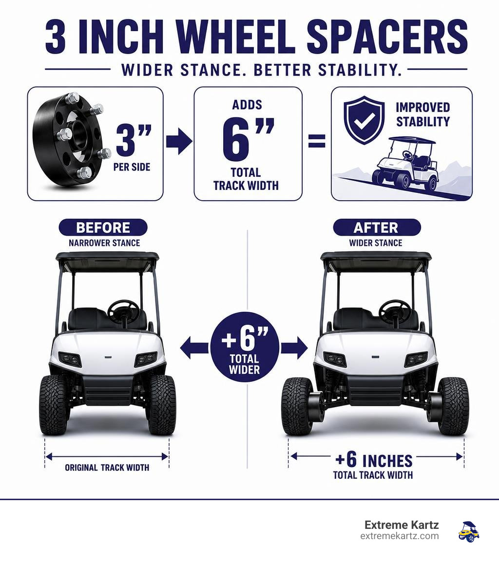 Infographic showing how 3 inch wheel spacers widen golf cart track width by 6 inches total for improved stability infographic Infographic showing how 3 inch wheel spacers widen golf cart track width by 6 inches total for improved stability infographic