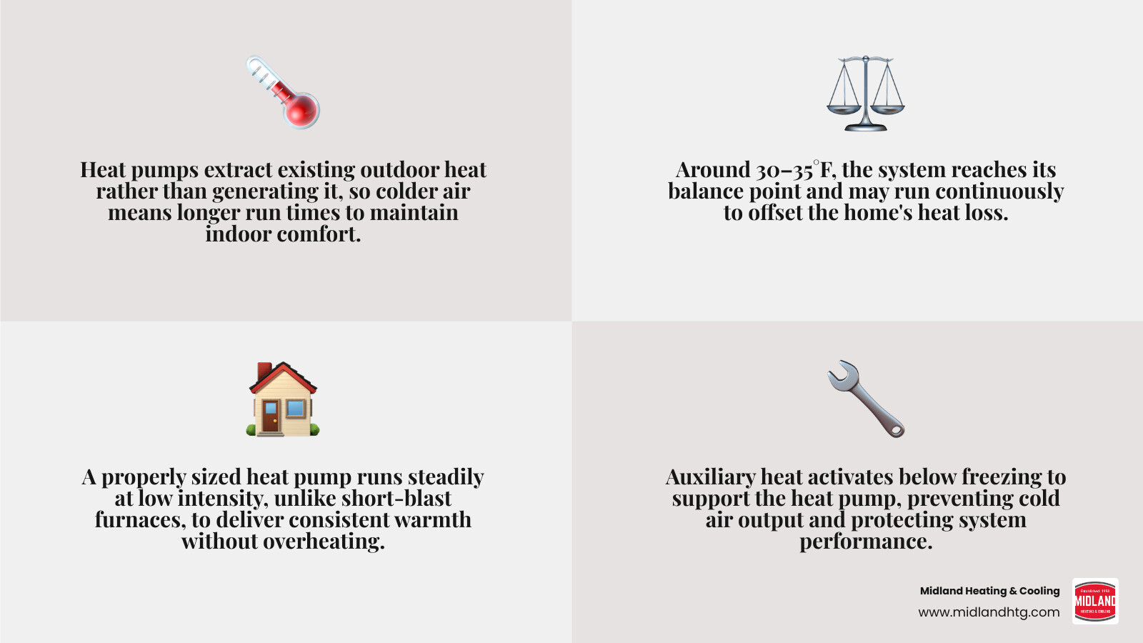 Infographic showing why a heat pump runs constantly in cold weather: balance point, heat transfer, auxiliary heat infographic Infographic showing why a heat pump runs constantly in cold weather: balance point, heat transfer, auxiliary heat infographic